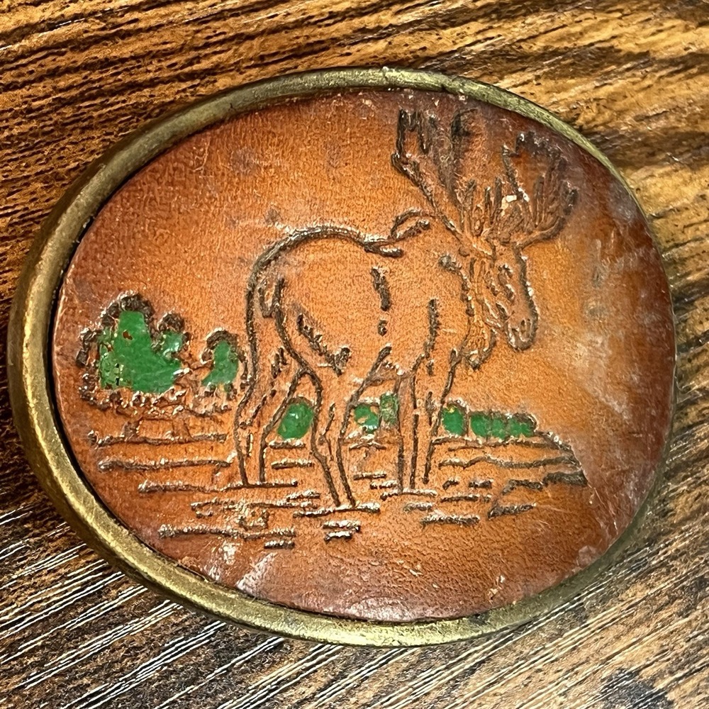 Vintage Moose In Wilderness Leather Stamped Design Belt Buckle Made In USA - Picture 3 of 6